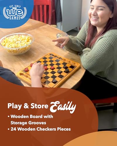 WE Games Solid Wood Checkers Board Game – 14.5-Inch Vintage Checkers Set with Inset Grooves & 24 Red & Black Board Game Pieces – Fun Family Table Game
