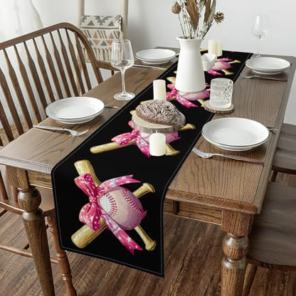 Baseball Table Runner 13X60 Inch,Girly Pink Bowknot Table Runners,Princess Sports Games Table Decoration for Home Party Holiday Decor,Waterproof - size: 60"x13"
