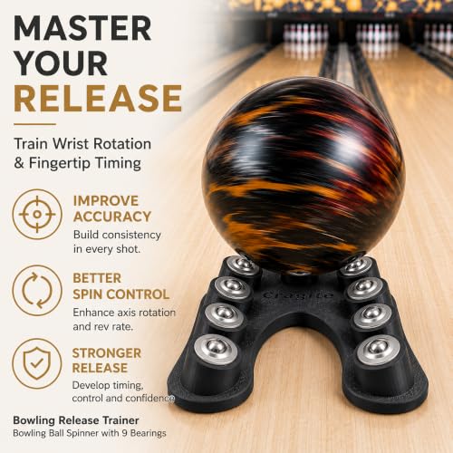 Bowling Release Trainer, Bowling Ball Spinner with 9 Bearings, Bowling Ball Release Trainer for Hook and Rev Practice, Curved Base Bowling Equipment with Anti-Slip Pads & Velvet Bag - color: Black