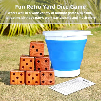 SpeedArmis 3.5" Giant Wooden Yard Dice Set - Large Lawn Yatzee with Scoreboard - Outdoor Beach Backyard Games for Adults Family (Including Collapsible Bucket)