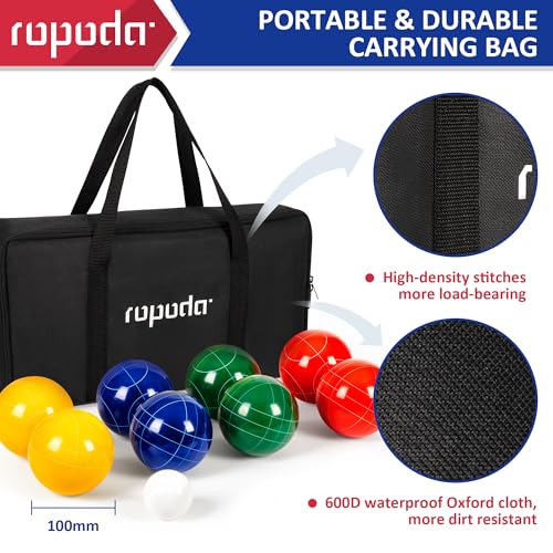 ropoda 100mm Bocce Ball Set Regulation Size and Weight with 8 Resin Bocce Balls, 50 mm Pallino, Carrying Bag, Measuring Rope, Backyard/Lawn/Beach/Outdoor, Bocci Games (Multi Colors, 2-8 Players) - size: 100mm