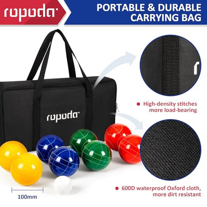 ropoda 100mm Bocce Ball Set Regulation Size and Weight with 8 Resin Bocce Balls, 50 mm Pallino, Carrying Bag, Measuring Rope, Backyard/Lawn/Beach/Outdoor, Bocci Games (Multi Colors, 2-8 Players) - size: 100mm