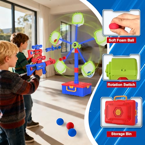 2 IN 1 Shooting Game Toys For 5 6 7 8 Year Old Kids, Moving Standing Shooting Target & 2 PCS Foam Ball Popper Air Toy Guns, 24 Foam Balls, 2 Player Boy Toys For Boy Kids, Gifts for Boys and Girls