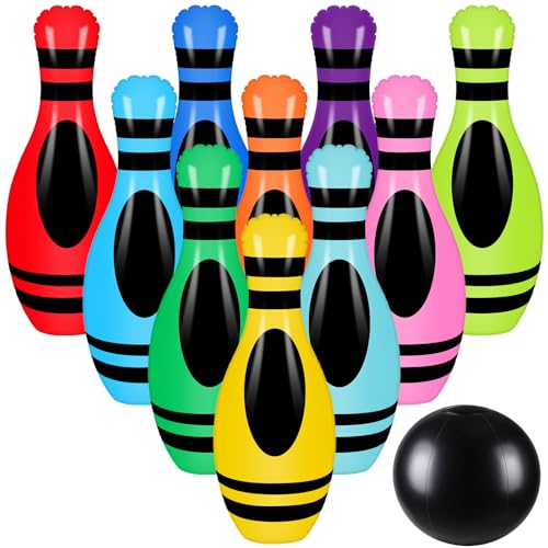 Hungdao 11 Pcs Giant Inflatable Crayon Outdoor Bowling Set, Birthday Party Supplies with 10 Colored Crayon 27" Pins and 23" Ball, Outdoor Bowling Backyard Games, Fun Carnival Game for Holiday