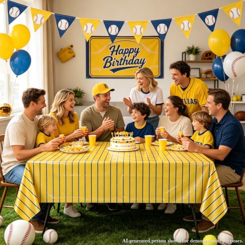 4 Pcs Plastic Baseball Tablecloths, Rectangle Yellow Blue Stripe Table Cloth for Baseball Team Game Day Banana Team Sports Theme Party Supplies, 51 x 86 Inches - color: Blue on Yellow