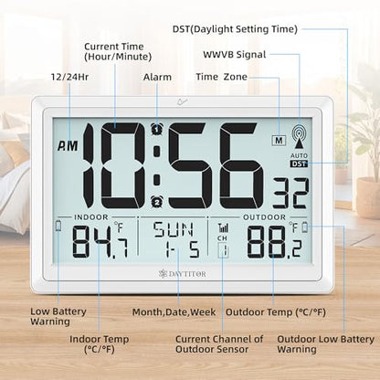Atomic Clock Wall with Indoor/Outdoor Temp & 10.5" Large LCD Display, White | Battery Operated Digital Wall Clock, 330ft Range Desk Table Clock with Alarm, DST, Calendar for Living Room Bedroom Office - color: White