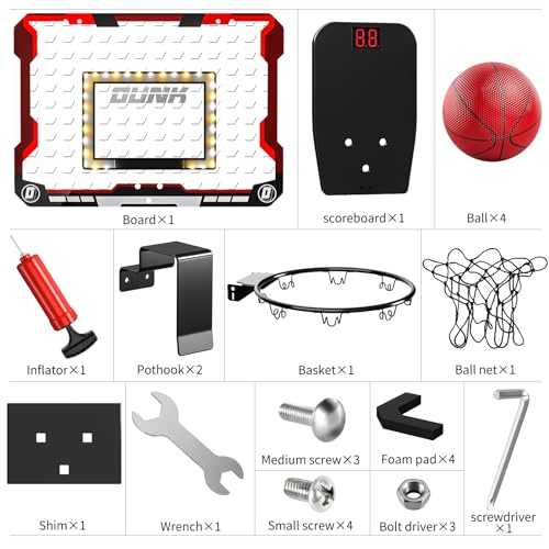 TEMI Indoor Basketball Hoop for Kids, Door Room Basketball Hoop,Mini Basketball Hoop with 4 Balls, Basketball Toys for 3 4 5 6 7 8 9 10 11 12 Year Old Boys - style: LED & Scoreboard & 4 Balls