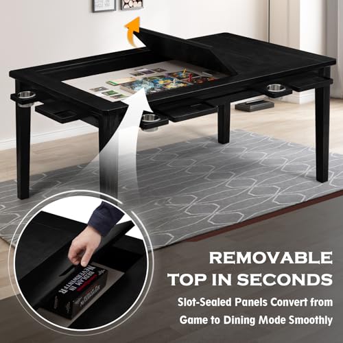 Haddockway 63" ×39“ Board Game Table with Removable Top, Solid Wood Dining/Gaming Table for 4-6 Players with Play Mat, 6 Detachable Cup Holders & 6 Hobby Trays (Black) - color: Black