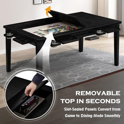 Haddockway 63" ×39“ Board Game Table with Removable Top, Solid Wood Dining/Gaming Table for 4-6 Players with Play Mat, 6 Detachable Cup Holders & 6 Hobby Trays (Black) - color: Black