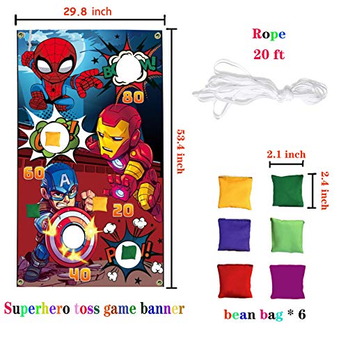Superhero Themed Toss Games Banner with 6 Bean Bags-Fun Superhero Indoor Outdoor Throwing Game Party Supplies for Kids in Family Games, Superhero Themed Party, Carnival Games (Red)