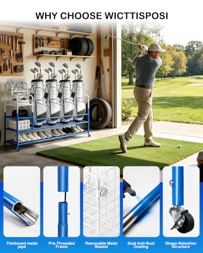 Golf Bag Storage Garage Organizer for 4 Bags, Golf Storage Rack with Wheels | 50% More Space Multi-Zone,All-In-One Compact 5-tier Heavy-Duty Rack,4 360° Casters,Movable Basket,Extra Bottom Storage,Gifts - size: 4 Golf Bag Rack丨60"(L)x15.8(W)"x44.6"(H)
