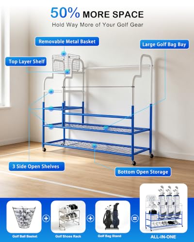 Golf Bag Storage Garage Organizer for 3 Bags, Golf Storage Rack with Wheels | 50% More Space Multi-Zone, All-In-One Compact 5-tier Upscale Sporty Heavy-Duty Rack, 4 360° Casters,Movable Basket,Golf Gifts - size: 3 Golf Bag Rack丨50.4"(L)x15.8(W)"x44.6"(H)