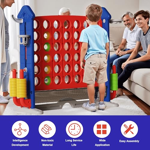 4-to-Score Giant Game Set, 4-in-1 Indoor Outdoor Yard Family Connect Game (4-in-a-Row + Basketball + Ring Toss + Mini Golf), Height Adjustable 2.5–3.3FT, Includes Carry Bag - size: 43"x16"x38"-Blue&Red