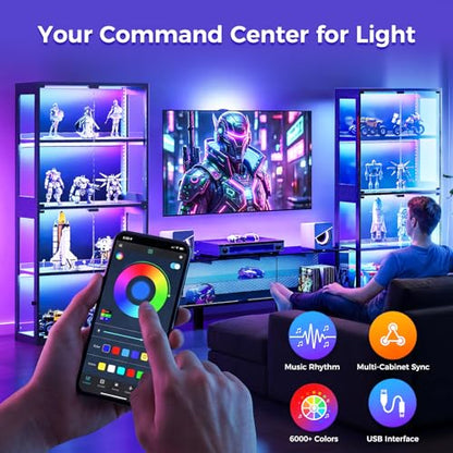 AODK Glass Display Cabinet with Glass Doors, 4-Tier Display Case with RGB Lights, Glass Cabinet Shelf for Collectibles and Storage, Black Curio Cabinet for Gaming Room