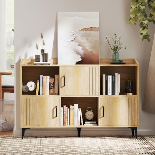 LOKO 47” Wide Storage Cabinet, Large Bookcase with 3 Door Cabinets & Open Shelves, Wood Buffet Cabinet, Sideboard with Anti-tip Kits, Freestanding Storage Cabinet for Living Room, Dining Room