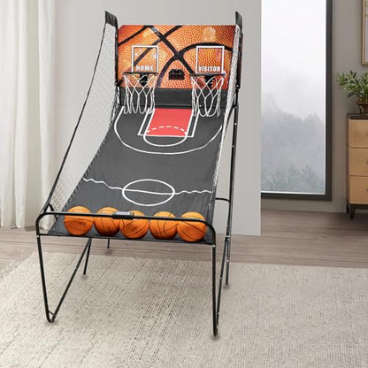 Dual Shot Arcade Basketball Game for All Players, 8 Modes Electronic Scoring System with LED Display, 5 Basketballs & Inflator Gun Included, Foldable Home Arcade Basketball Hoop for Family Game Room