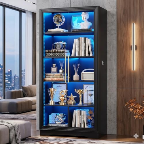 Vlsrka LED Display Cabinet with Glass Doors, Modern Storage Cabinet with 5 Tier Adjustable Shelves, Human Sensor, for Collectibles, 65" Tall Bookcase for Home Office Living Room, Black - color: Black