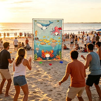 Ocean Toss Game Birthday Party Supplies Bean Bag Toss Game for Adults, Washable Heavy Duty Outdoor Indoor Throwing Theme Party Game Banner with 3 Bean Bags and 19.6ft String