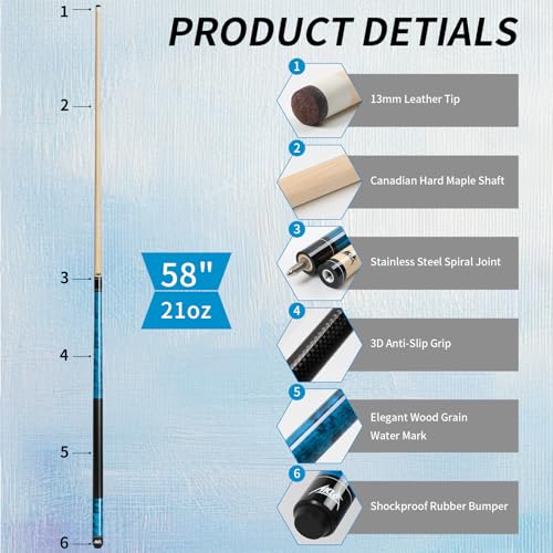 AKLOT Pool Cue Stick 58'', Canadian Maple Pro Billiard Cue &13mm Leather Tip, Anti-Slip Grip, 18/19/20/21oz Billiard Pool Stick for Adults/Beginner/Pro Player - color: Blue with Printed Grip