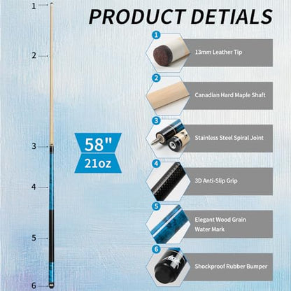 AKLOT Pool Cue Stick 58'', Canadian Maple Pro Billiard Cue &13mm Leather Tip, Anti-Slip Grip, 18/19/20/21oz Billiard Pool Stick for Adults/Beginner/Pro Player - color: Blue with Printed Grip