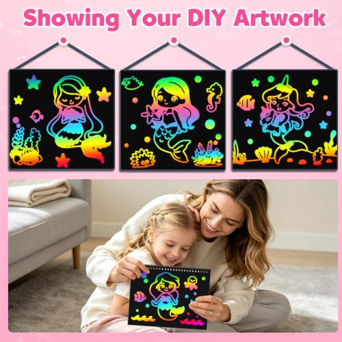 ZMLM Scratch Paper Art Craft: 2 Pack Rainbow Scratch Set for 3 4 5 6 7 8 9 10 Years Old Girls Boys Students Drawing Coloring Black Magic Art Supplies Kits Gifts School Birthday Party Toys (Mermaid) - style: Mermaid