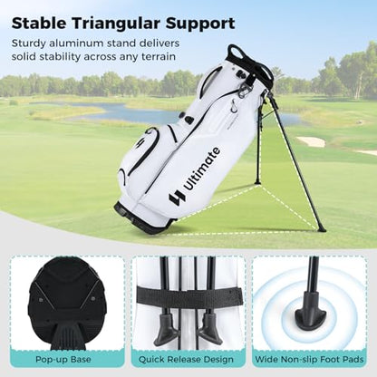 ULTIMATE Golf Stand Bag, 8-Way Golf Bag with 5 Pockets, Rain Hood, Detachable Dual Shoulder Strap, Lumbar Pad, Handles, Portable Golf Club Bag for Men & Women - color: White