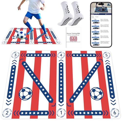 Soccer Training Mat with QR Code Video Tutorials,Non-Slip High-Density Footwork Practice Mat for Athletes & Players,Professional Ball Control & Dribbling Equipment for Home & Gym,Durable Soccer Gift. - color: 47.3*31.5 blue-red-white