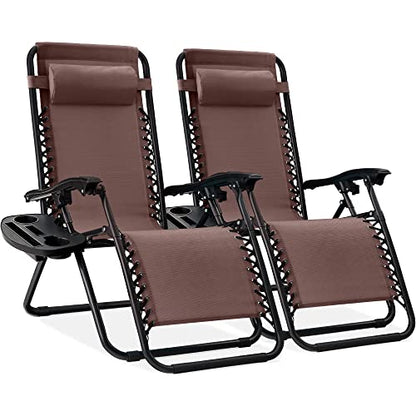 Best Choice Products Set of 2 Adjustable Steel Mesh Zero Gravity Lounge Chair Recliners w/Pillows and Cup Holder Trays - Brown - color: Brown, size: Standard