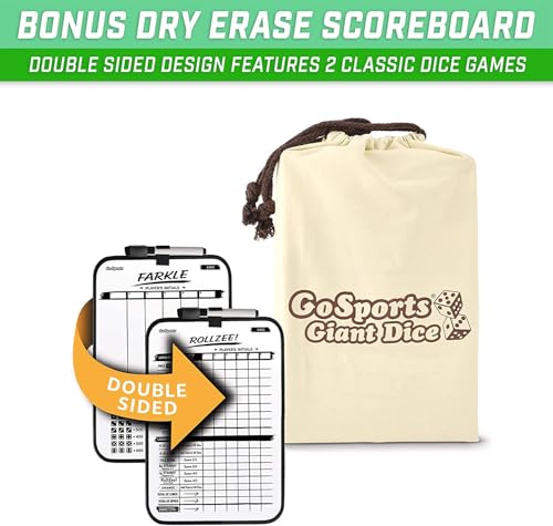 GoSports Giant Wooden Playing Dice Set with Rollzee and Farkle Scoreboard - Includes 6 Dice, Dry-Erase Scoreboard and Canvas Tote Bag - Choose 2.5 Inch or 3.5 Inch Dice) - style: 3.5 Inch Stained Wood Dice