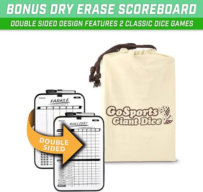 GoSports Giant Wooden Playing Dice Set with Rollzee and Farkle Scoreboard - Includes 6 Dice, Dry-Erase Scoreboard and Canvas Tote Bag - Choose 2.5 Inch or 3.5 Inch Dice) - style: 3.5 Inch Stained Wood Dice
