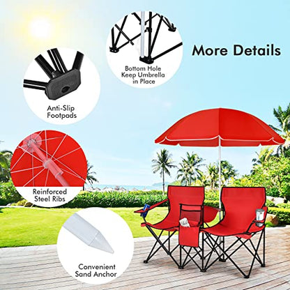 LDAILY LUARANE Folding Double Camping Chair, Outdoor Picnic Chairs w/Removable Umbrella, Mini Table, Cup Holder & Carrying Bag, Portable Camping Loveseat for Patio, Pool, Lawn, Beach, Park (Red) - color: Red