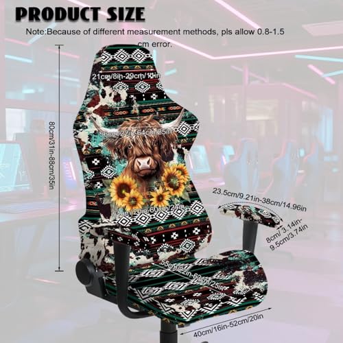 Highland Cow Print Gaming Chair Cover with Armrest Covers Aztec Sunflower Print Computer Chair Seat Slipcovers Universal Fit for Desk/Swivel/Rotating Chairs Protector - color: Multi - Highland Cow Aztec Sunflower