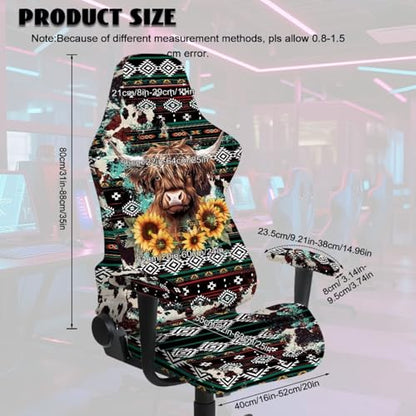 Highland Cow Print Gaming Chair Cover with Armrest Covers Aztec Sunflower Print Computer Chair Seat Slipcovers Universal Fit for Desk/Swivel/Rotating Chairs Protector - color: Multi - Highland Cow Aztec Sunflower