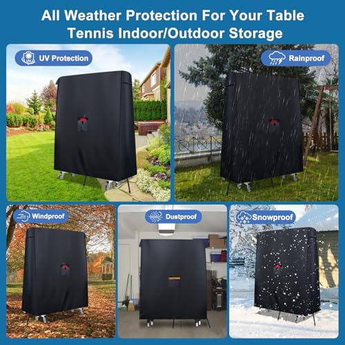 Table Tennis Cover Outdoor Waterproof，Heavy Duty 420D Ping Pong Table Cover with Paddle Pocket,Windproof Buckle,2 Air Vents，Universal Folding Ping Pong Table Cover Fits 9x5 FT Foldable Pingpong Tables