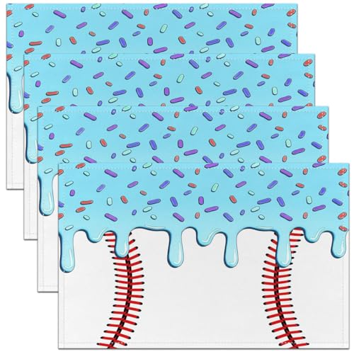 Castle Fairy Ice Cream Drip Baseball Kids Placemats Set of 4,Geometric Stripes Patchwork Table Place Mats,Ball Sport Competition Game Kitchen Decor,Sky Blue Placemat Kitchen Table Decoration 12"x18" - color: Sky Blue