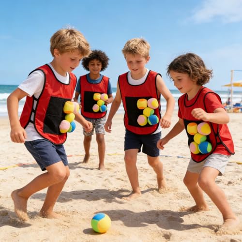 Pomya Kids Sticky Ball Vest Set | Hook and Loop Dodgeball Game with 5 Balls, 29x42cm Red Double Sided Vests for Outdoor Throwing Toys