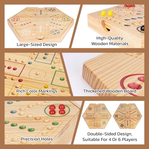 20inch Wahoo Board Game,2 In 1 Marble Board Game with Storage box for 4 or 6 Players,Large Size Fast Track Board Game with 36 Glass Marbles,8 Dice,Storage Bag and Instruction Manual,Classic Board Game