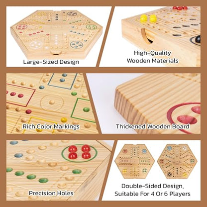 20inch Wahoo Board Game,2 In 1 Marble Board Game with Storage box for 4 or 6 Players,Large Size Fast Track Board Game with 36 Glass Marbles,8 Dice,Storage Bag and Instruction Manual,Classic Board Game