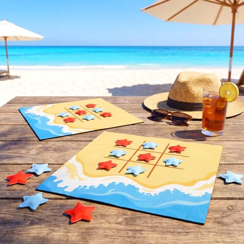 Reallnaive 2 Set Summer Tic Tac Toe Game Include 2 Pcs Beach Shaped Mats 20 Starfish Bean Bags Toss Pool Party Activities for Family Indoor Outdoor Sea Party Game - style: Summer