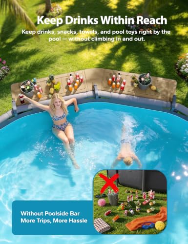 POOLHACKER Poolside Bar Extended, [Original] Swim Up Bar Exclusively for Above-Ground Round Pools. Patio Poolside Table Smart Fold Easy Maintenance, Weather Resistant Stable Tabletop - color: Light Brown