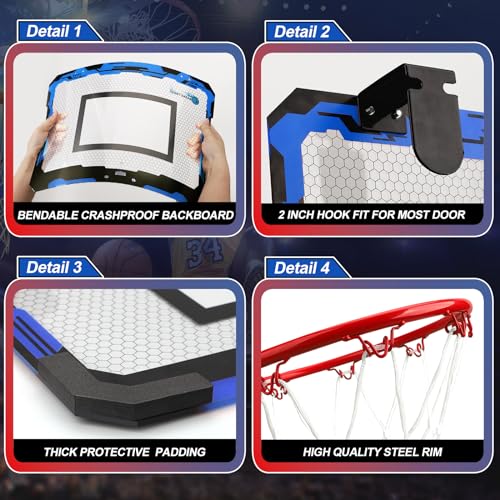 Indoor Basketball Hoop Set for Kids Adults, Pro Mini Basketball Hoop for Door Wall, Room Basketball Hoop Over The Door Outdoor Basketball Hoop with 4 Balls Toy Gift for Boy Girl - style: Blue