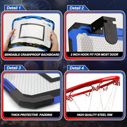 Indoor Basketball Hoop Set for Kids Adults, Pro Mini Basketball Hoop for Door Wall, Room Basketball Hoop Over The Door Outdoor Basketball Hoop with 4 Balls Toy Gift for Boy Girl - style: Blue