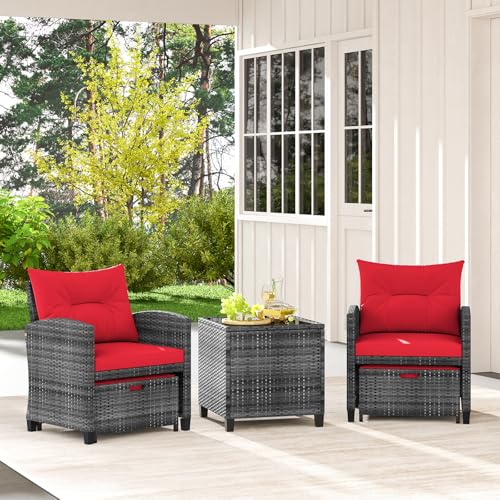 Tangkula 5 Pieces Patio Conversation Set, PE Wicker Rattan Outdoor Furniture Set with 2 Chairs, 2 Ottomans & Tempered Glass Coffee Table, Ideal for Poolside, Backyard, Lawn, Deck, Mix Grey & Red - color: Mix Grey & Red