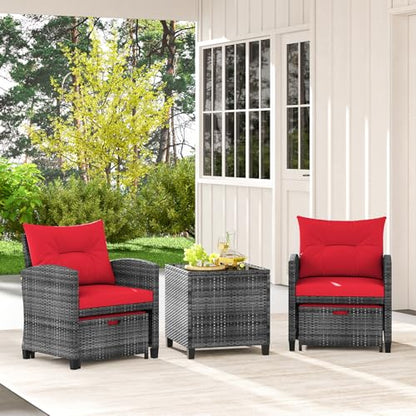 Tangkula 5 Pieces Patio Conversation Set, PE Wicker Rattan Outdoor Furniture Set with 2 Chairs, 2 Ottomans & Tempered Glass Coffee Table, Ideal for Poolside, Backyard, Lawn, Deck, Mix Grey & Red - color: Mix Grey & Red