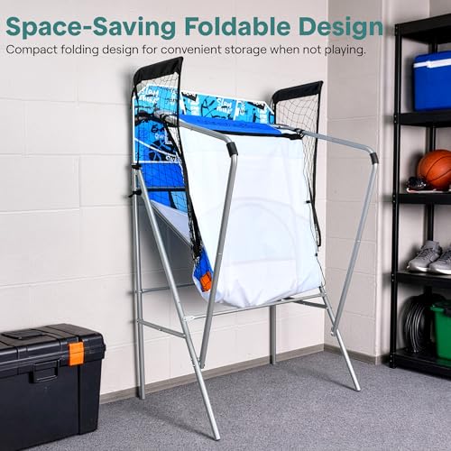 Heavy Duty Dual Hoop Basketball Shootout Indoor Home Arcade Room Game with Double Basket Ball Shot Scoreboard and Play Timer Fold-up for Kids and Adults Player with Pre-Assembled Frame