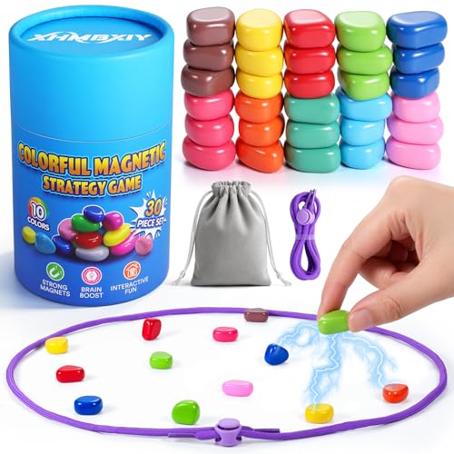 Magnet Game with String, 30 Colorful Magnetic Stones, Portable Magnetic Chess Strategy Set for 2-6 Players, Family Game Night, Travel, Camping, Party, Storage Bag and Instructions