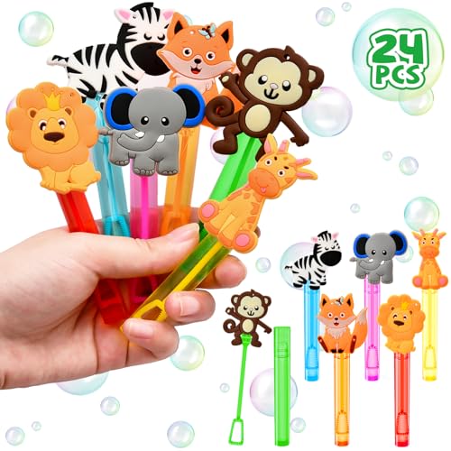 Winrayk Safari Party Favors, 24Pcs Jungle Animals Mini Bubble Wands for Kids Bubbles Bulk with Detachable Topper (6 Styles & Colors), Birthday Goodie Bag Stuffer Classroom Prizes Wild One Party Favors - style: Safari