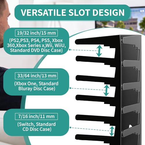 Video Game Storage Organizer Wall Mount - Metal Media Shelf Holds Up to 72 Disc Boxes, Game Case Holder for PS, Xbox, Switch, Space Saving 4-Pack Disc Holder, No Tools Needed (4-Pack)