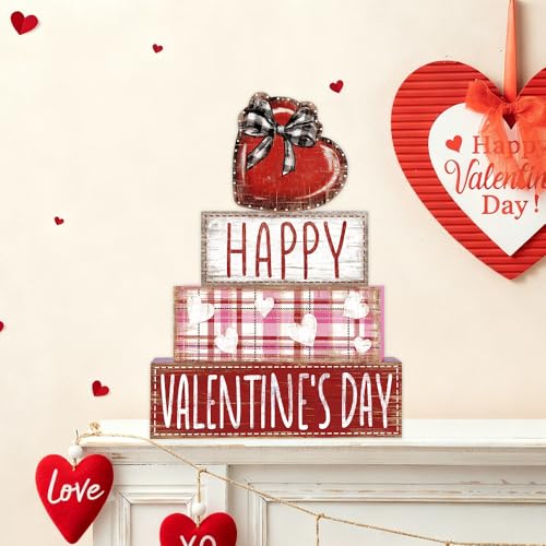 DIYDEC 4Pcs Valentine's Day Table Decoration Valentine Heart Wooden Block Signs Rustic Valentines Tiered Tray Decor Happy Valentine's Day Centerpiece Sign for Farmhouse Holiday Tabletop Party Decor - style: Valentine Heart