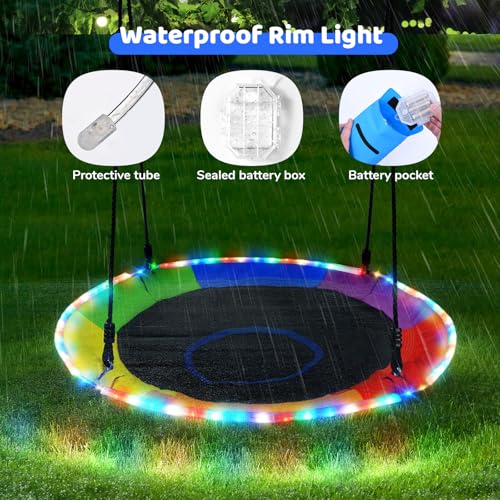 Trekassy 700lbs 40" Saucer Tree Swing for Kids Adults Outdoor with LED Lights, 2 Tree Hanging Straps-Rainbow - color: Rainbow